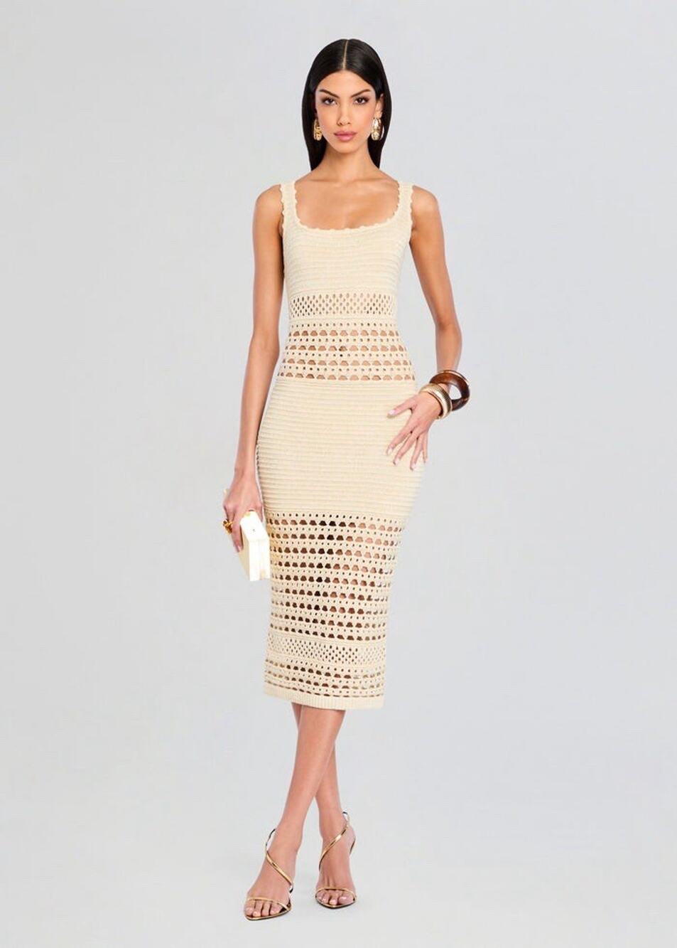 Retrofete Avril Knit Crochet Dress M Ivory Gold Sleeveless Midi Resort